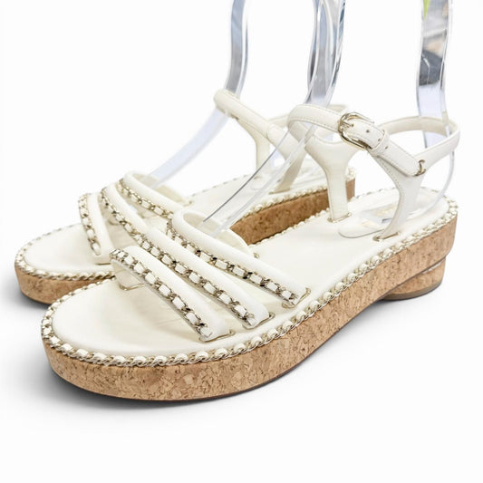Chanel CC Logo Chain Strap Cork Sole Leather Sandals Ivory 38 Recommended