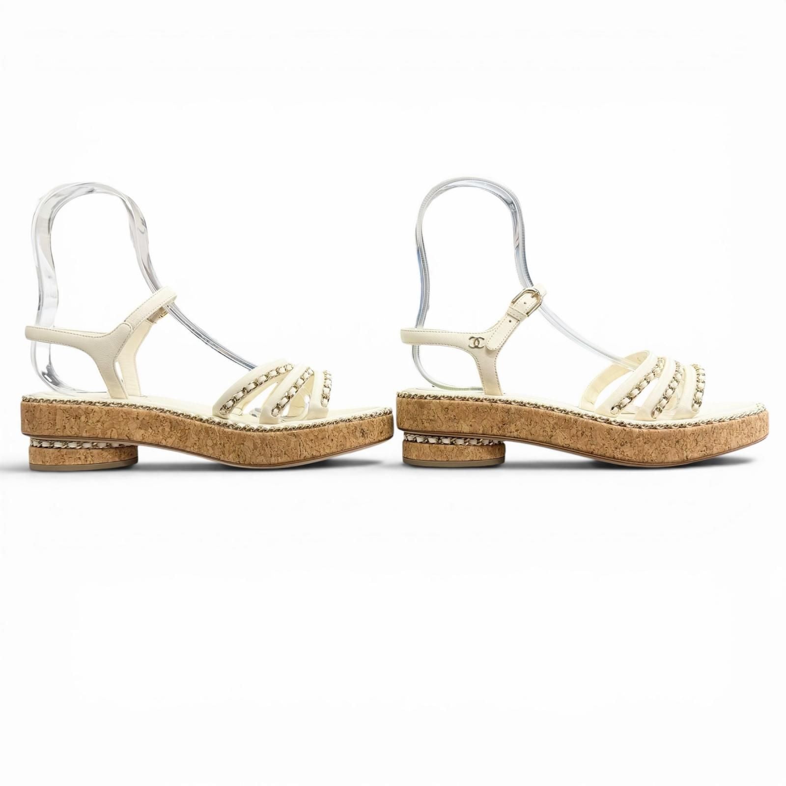 Chanel CC Logo Chain Strap Cork Sole Leather Sandals Ivory 38 Recommended — view 3