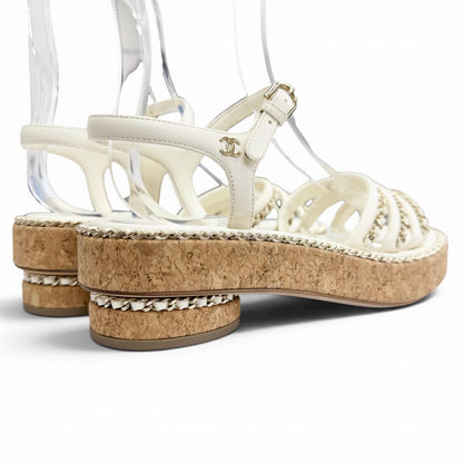 Chanel CC Logo Chain Strap Cork Sole Leather Sandals Ivory 38 Recommended — view 5
