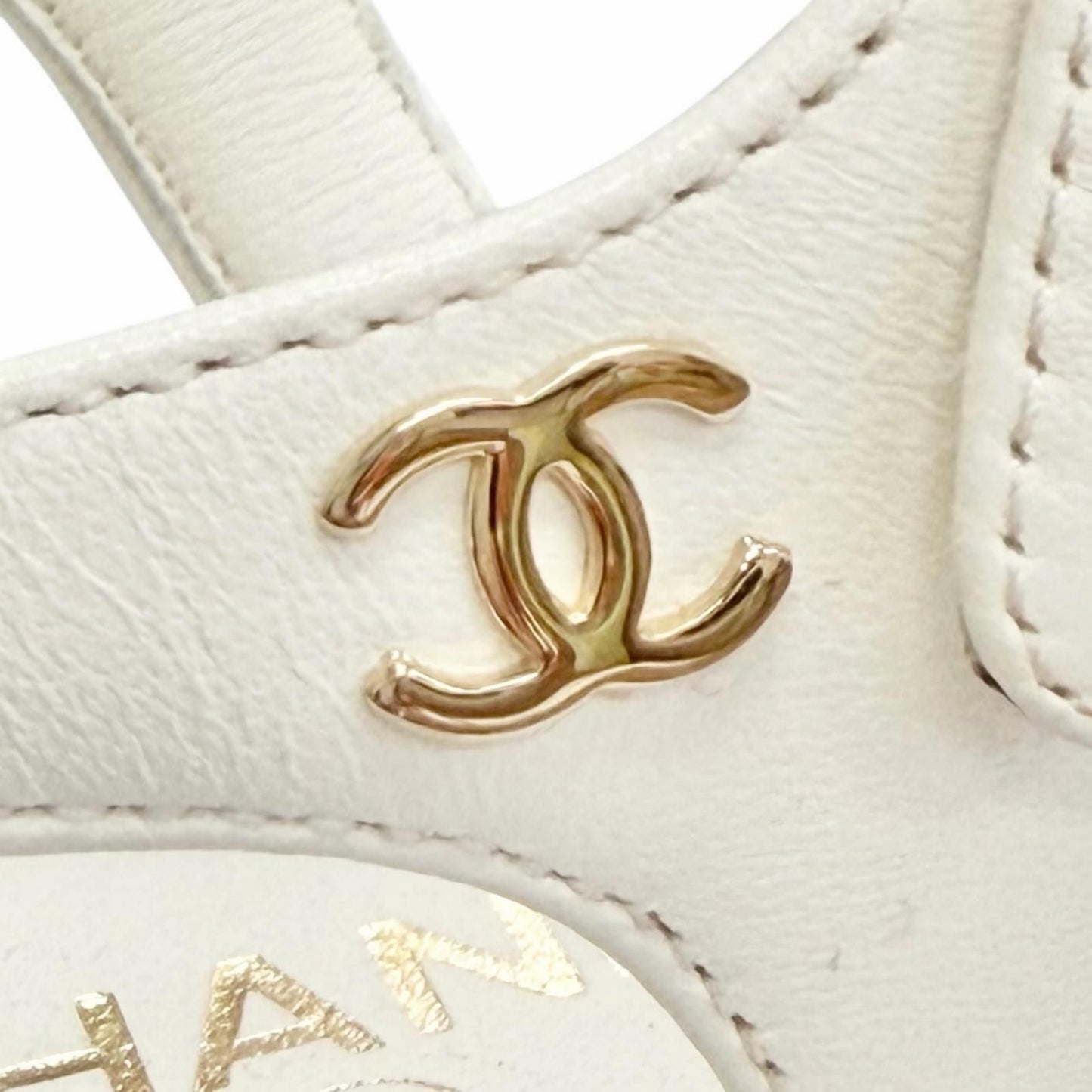 Chanel CC Logo Chain Strap Cork Sole Leather Sandals Ivory 38 Recommended — view 7