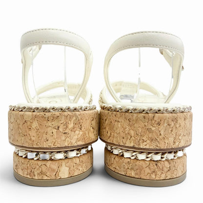 Chanel CC Logo Chain Strap Cork Sole Leather Sandals Ivory 38 Recommended — view 4