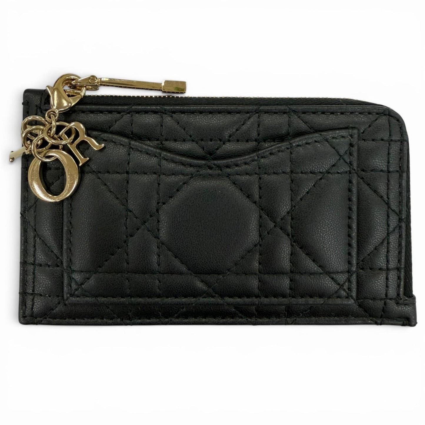 Dior Lady Cosmos Zip Card Holder Lambskin Fragment Case Coin Black