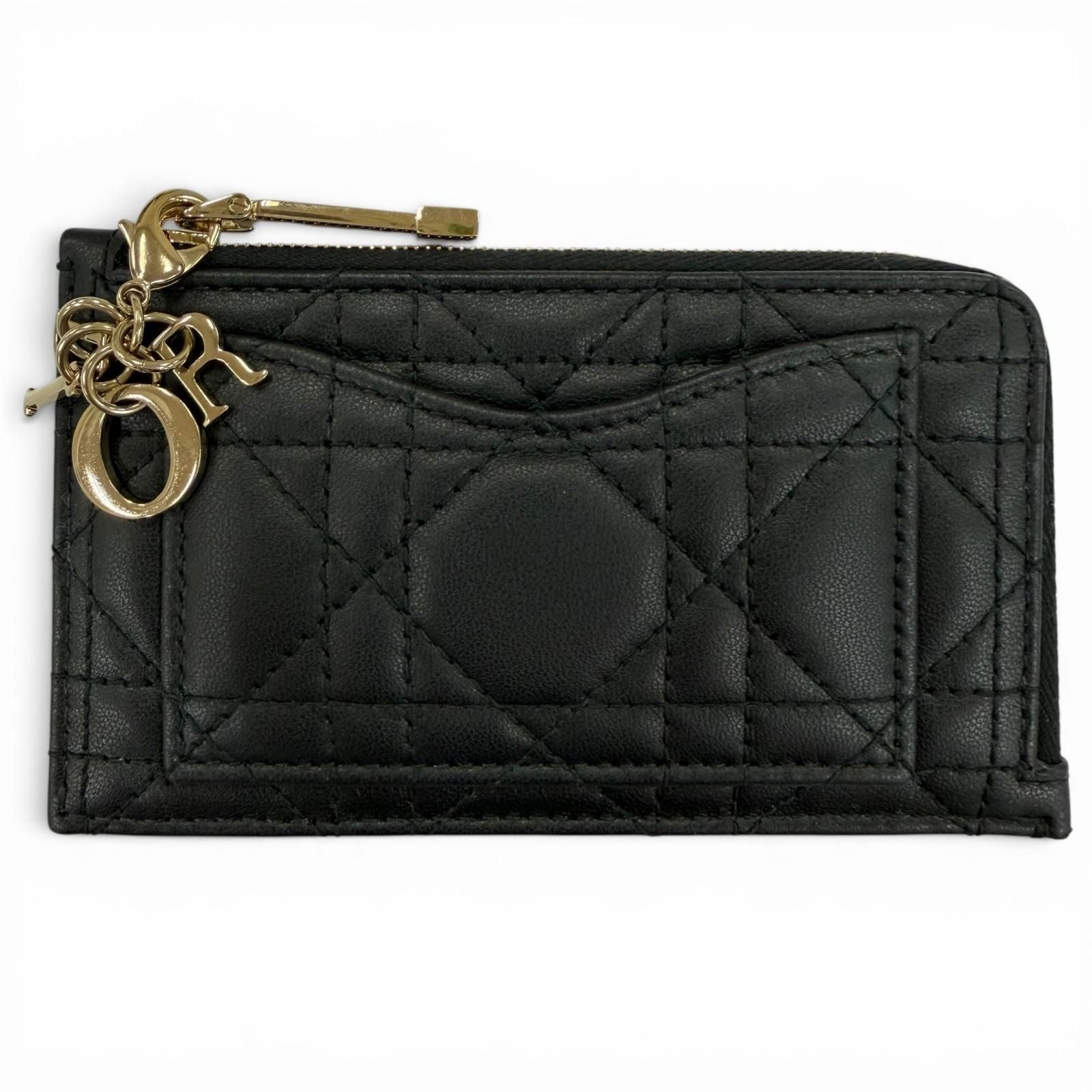 Dior Lady Cosmos Zip Card Holder Lambskin Fragment Case Coin Black