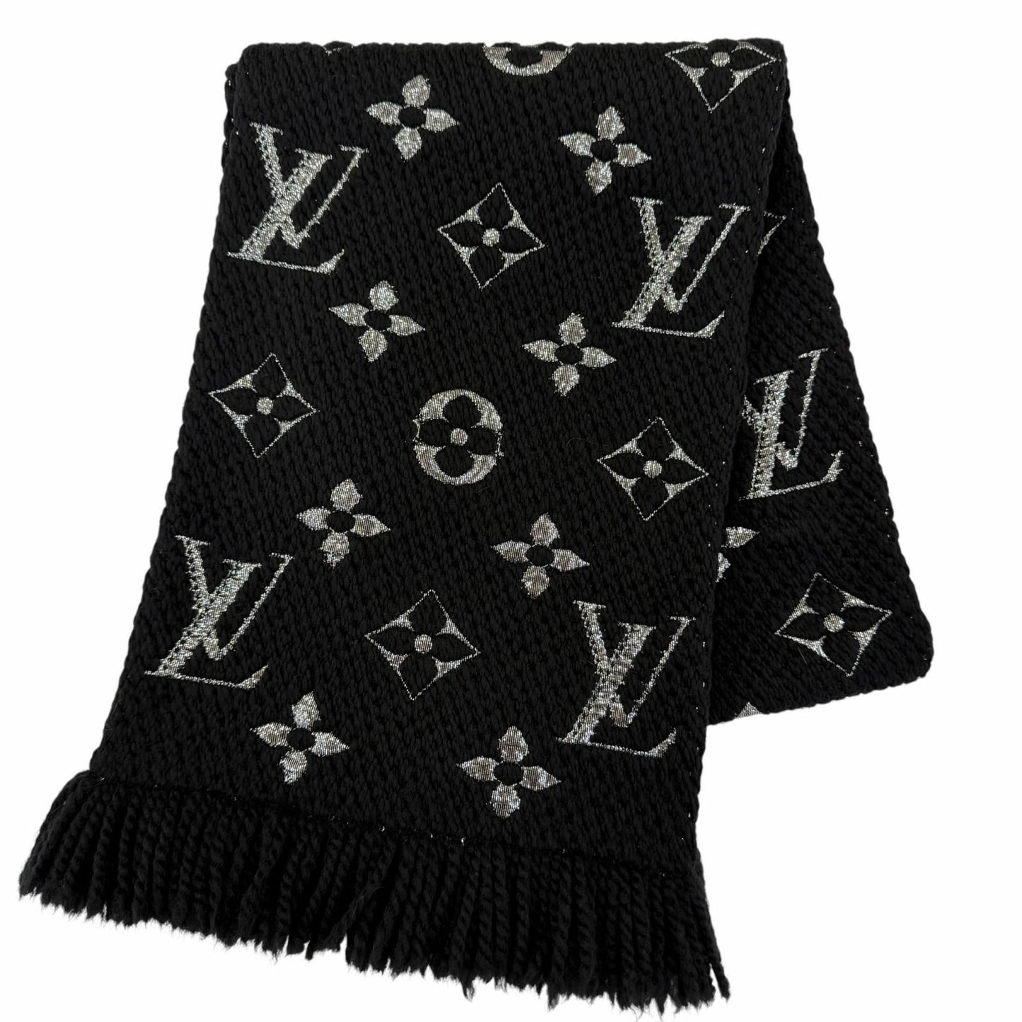 Louis Vuitton Echarpe Logo Mania Shine Wool Silk Noir Scarf with Fringe