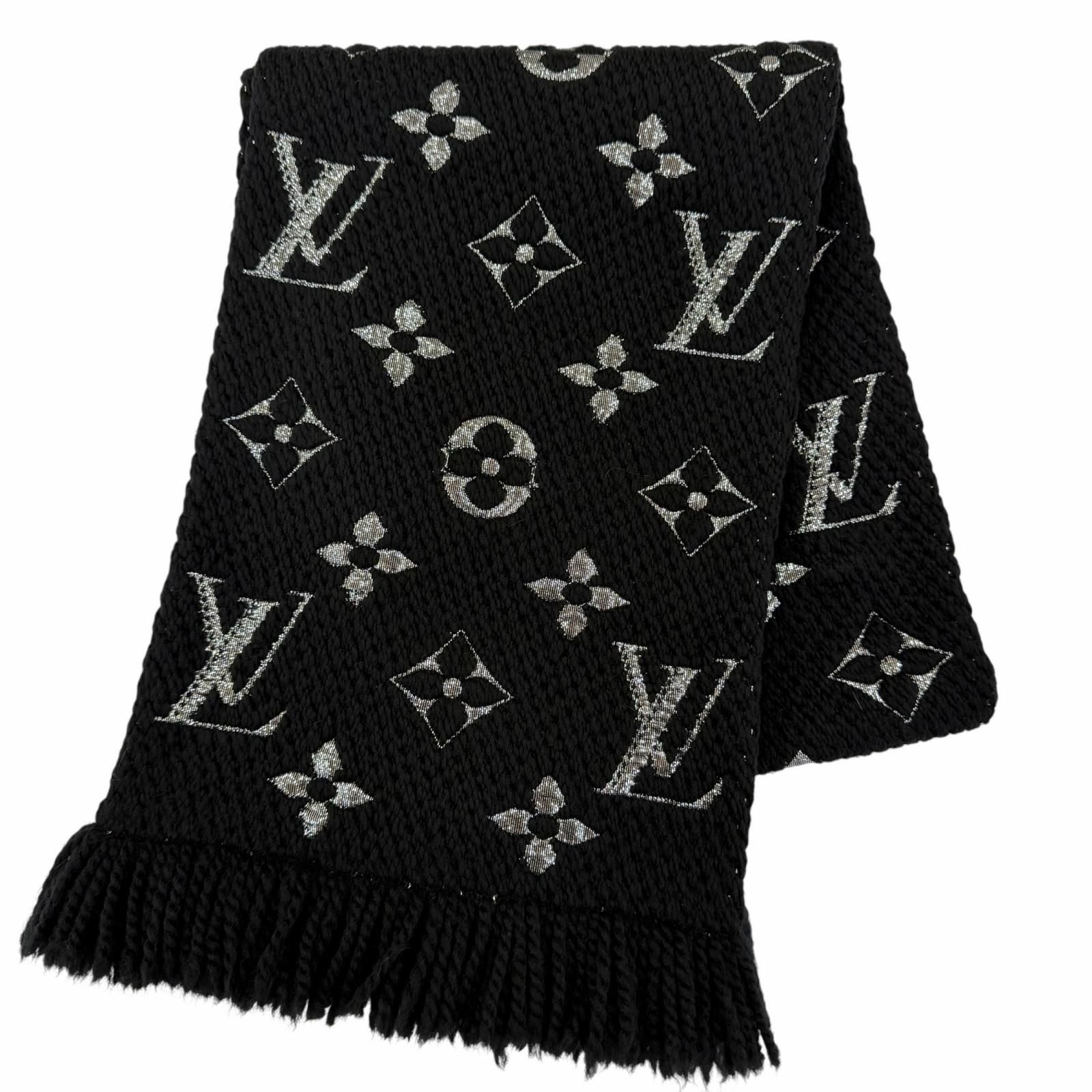 Louis Vuitton Echarpe Logo Mania Shine Wool Silk Noir Scarf with Fringe