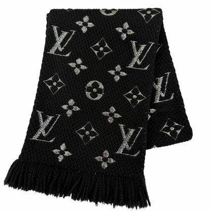 Louis Vuitton Echarpe Logo Mania Shine Wool Silk Noir Scarf with Fringe