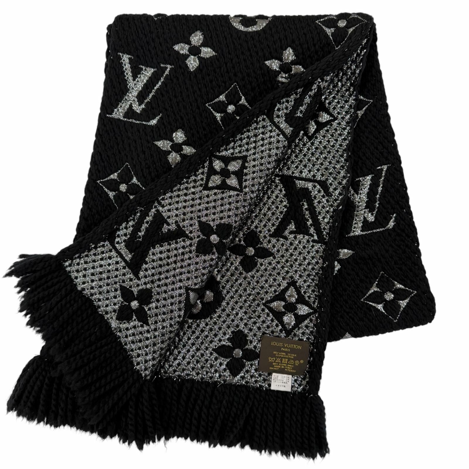 Louis Vuitton Echarpe Logo Mania Shine Wool Silk Noir Scarf with Fringe — view 2