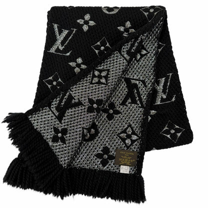 Louis Vuitton Echarpe Logo Mania Shine Wool Silk Noir Scarf with Fringe — view 2