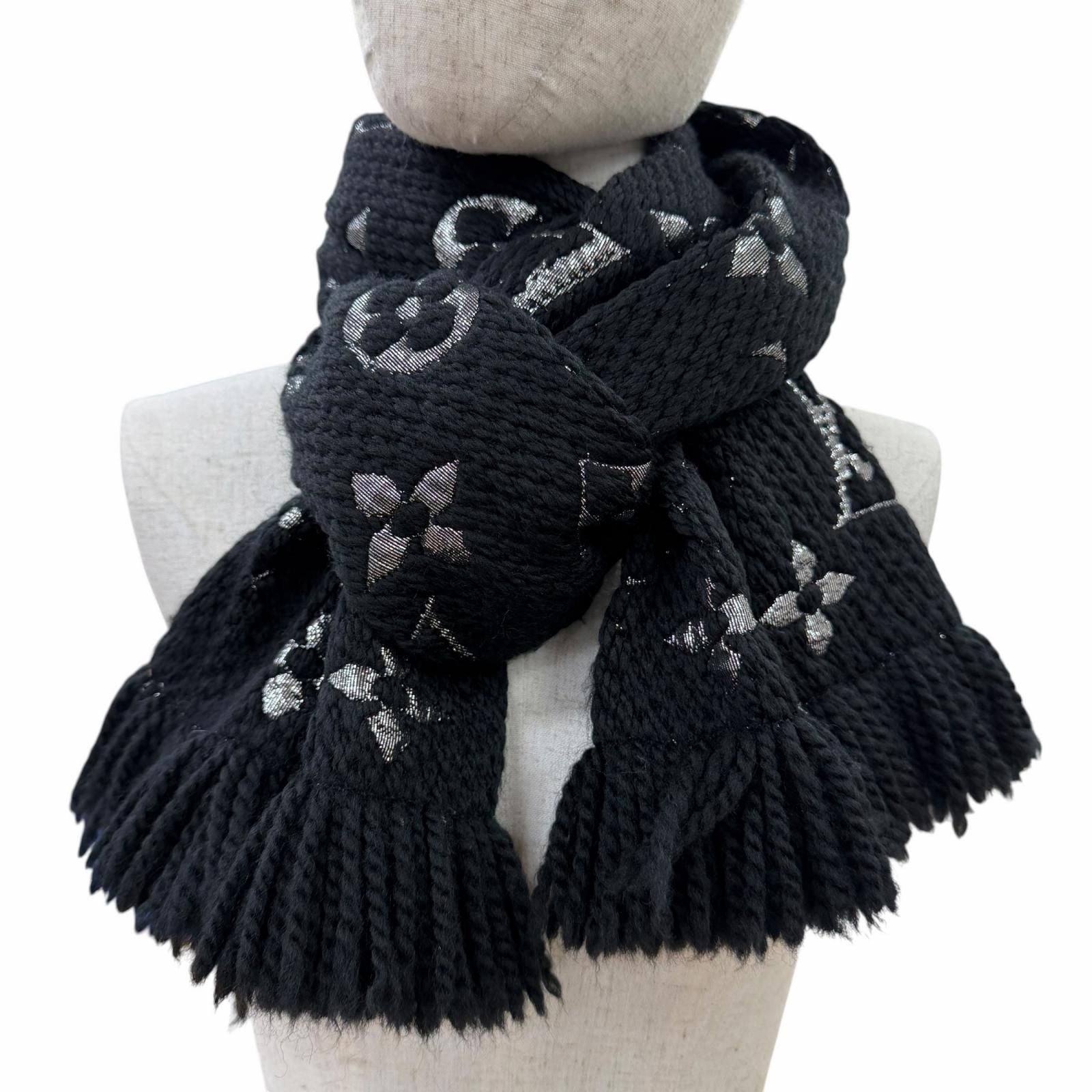 Louis Vuitton Echarpe Logo Mania Shine Wool Silk Noir Scarf with Fringe — view 3