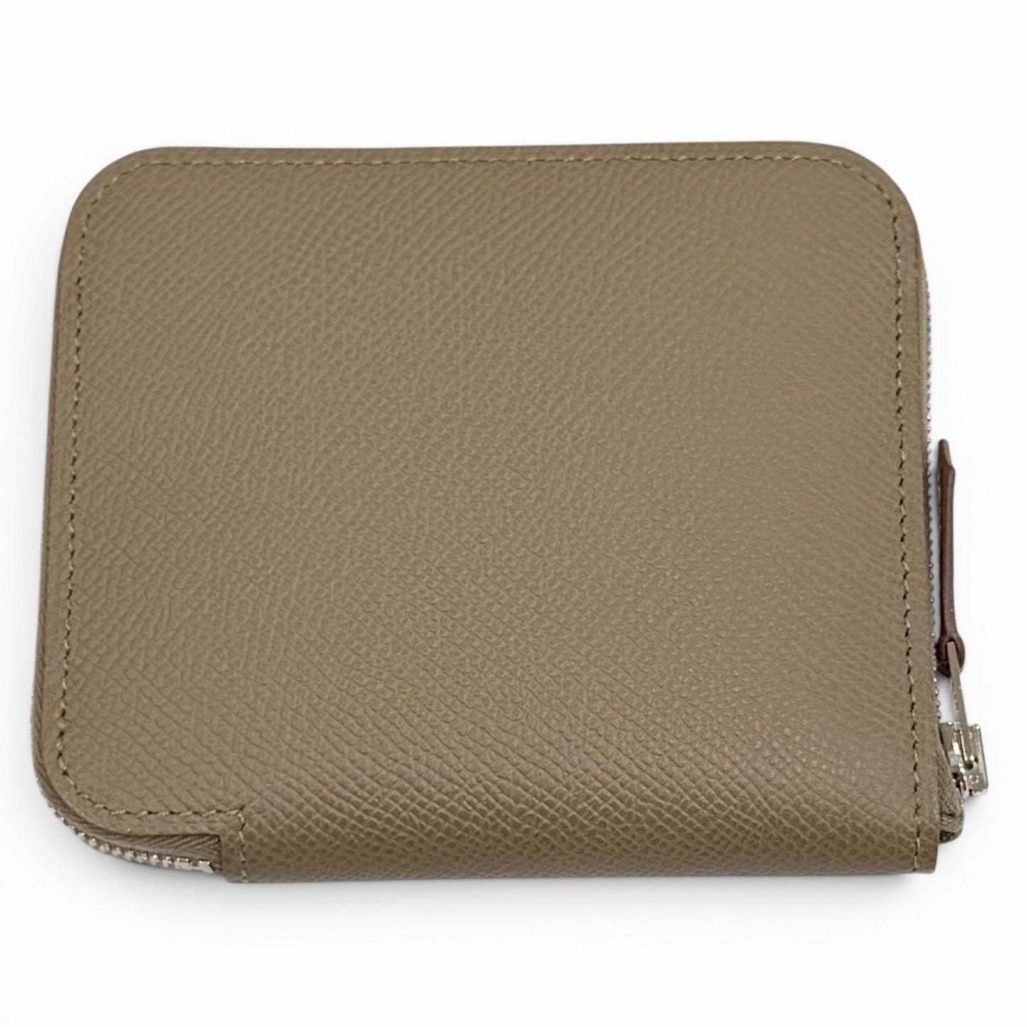 Hermes Compact Silk in Etoupe Veau Silver Round Zip Wallet Coin Case