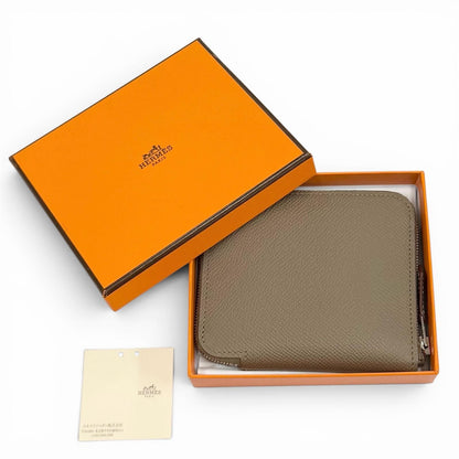 Hermes Compact Silk in Etoupe Veau Silver Round Zip Wallet Coin Case — view 2