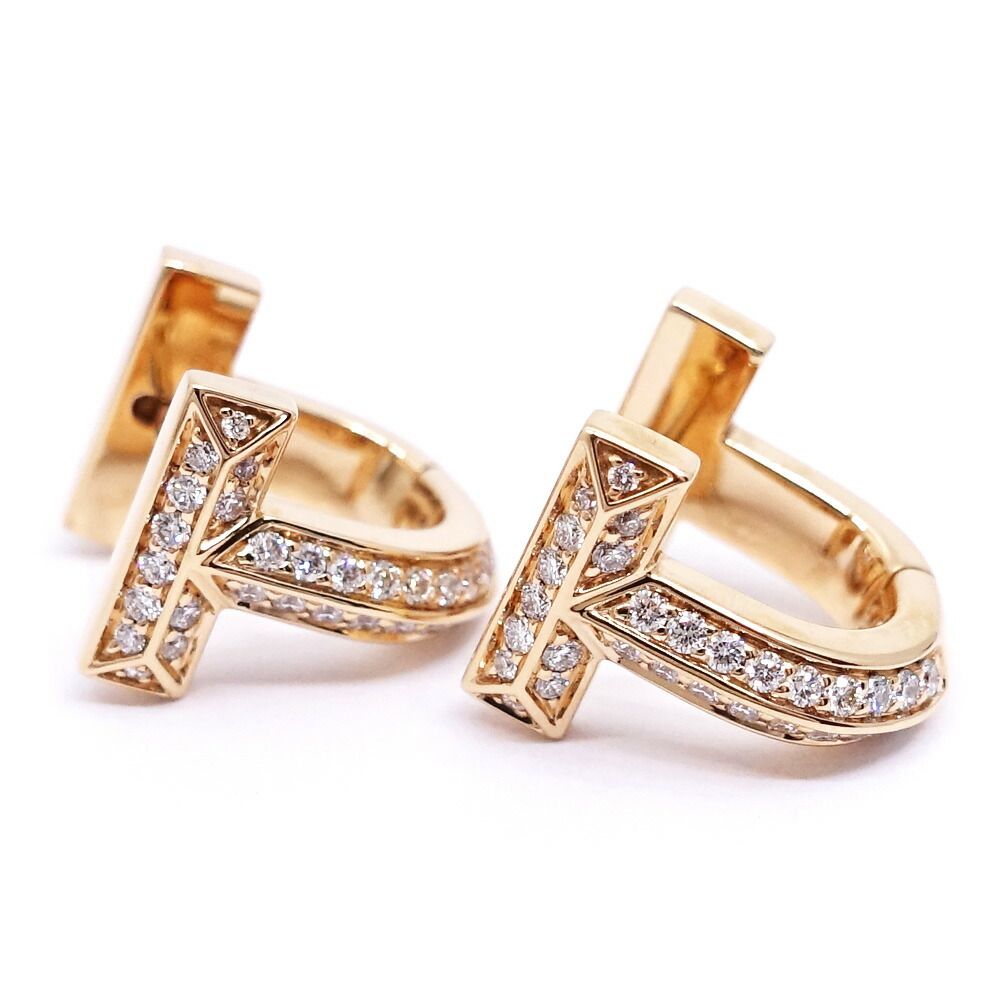 Tiffany & Co 18k Pink Gold T One Pave Diamond Haggi Hoop Earrings — view 6