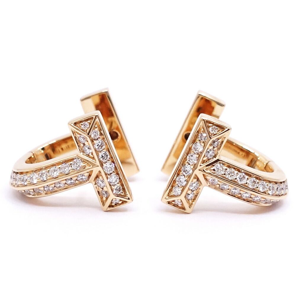 Tiffany & Co 18k Pink Gold T One Pave Diamond Haggi Hoop Earrings — view 2