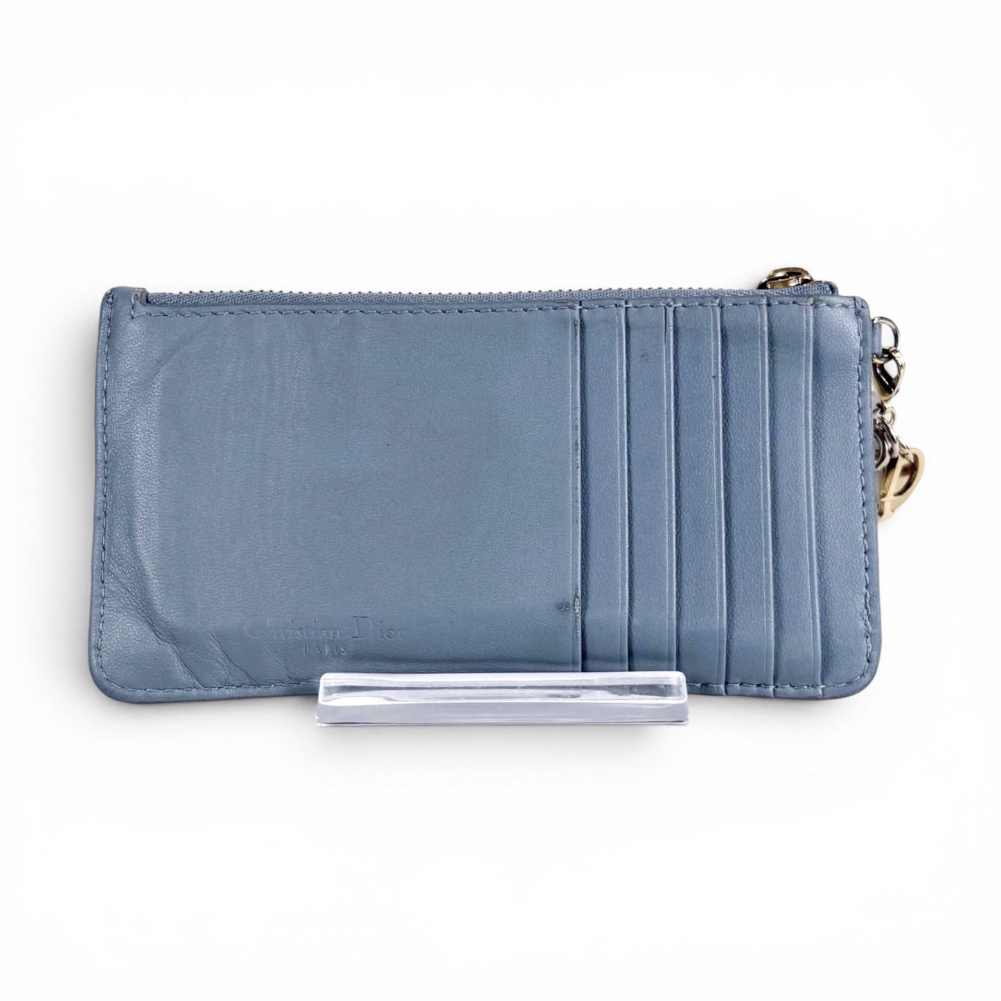 Dior Lady Cannage Logo Charm Fragment Case Coin Card Holder Light Blue Gray — view 3