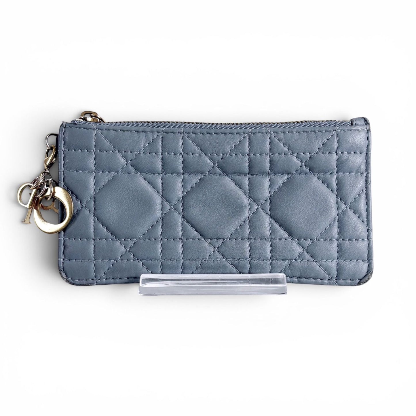 Dior Lady Cannage Logo Charm Fragment Case Coin Card Holder Light Blue Gray — view 2