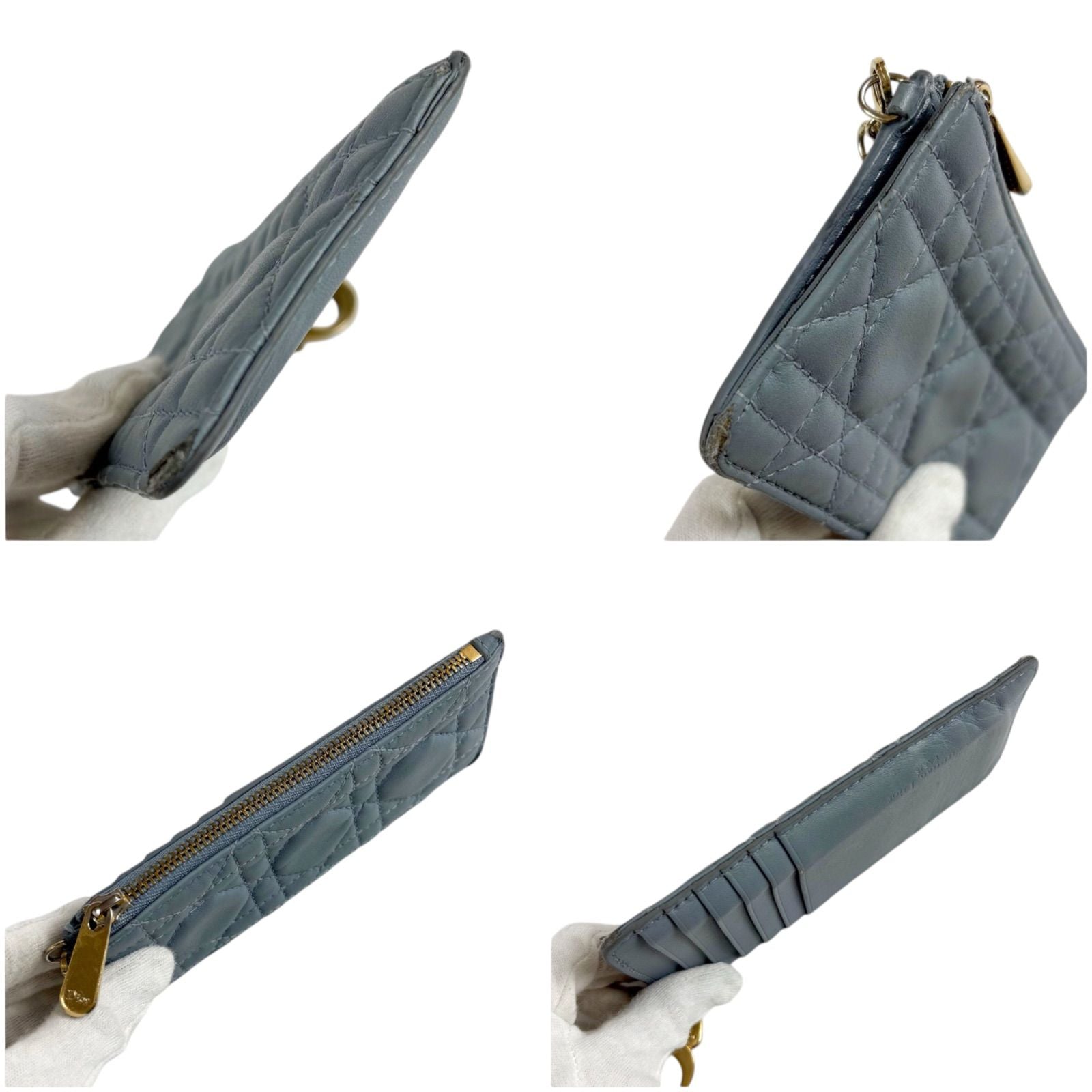 Dior Lady Cannage Logo Charm Fragment Case Coin Card Holder Light Blue Gray — view 4