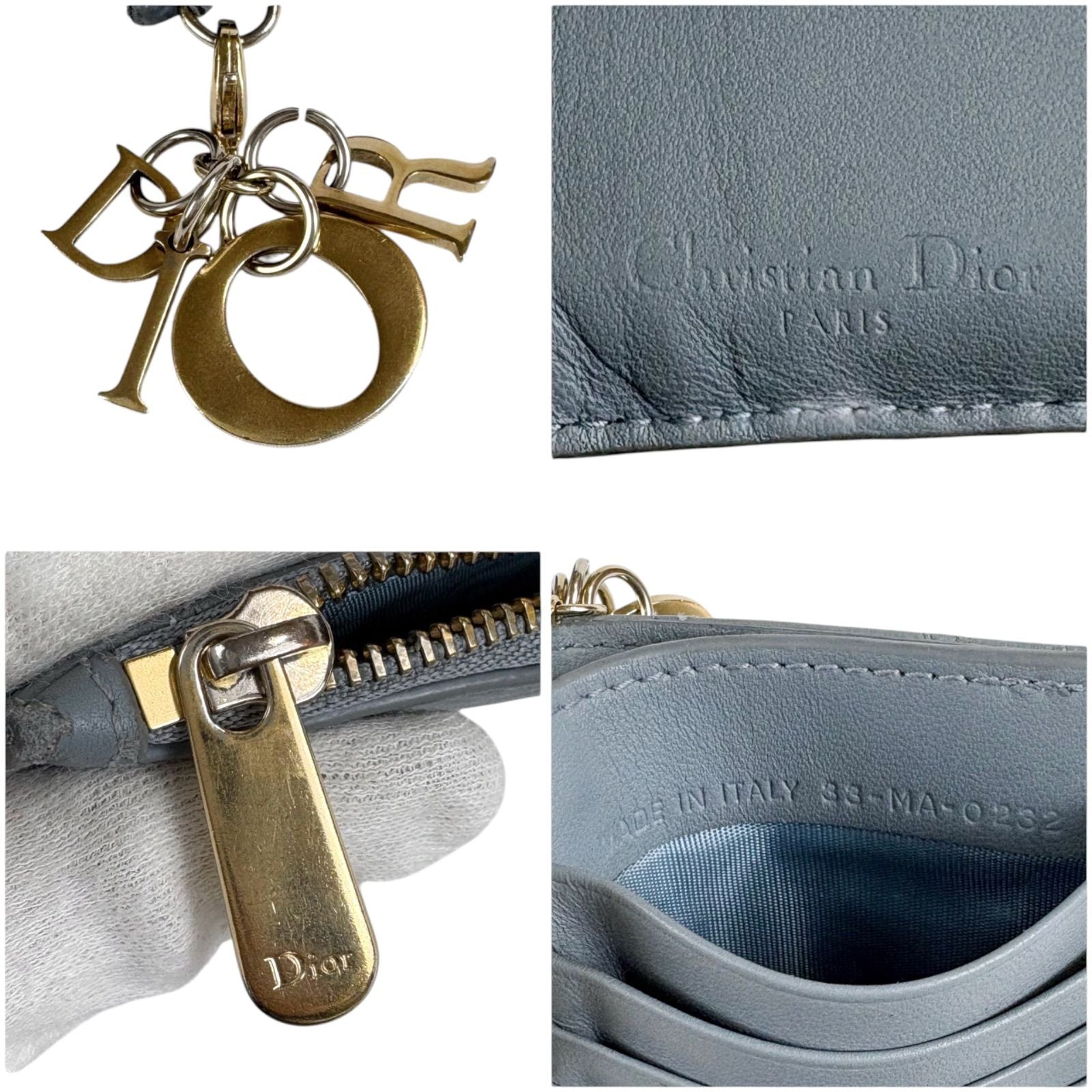 Dior Lady Cannage Logo Charm Fragment Case Coin Card Holder Light Blue Gray — view 7