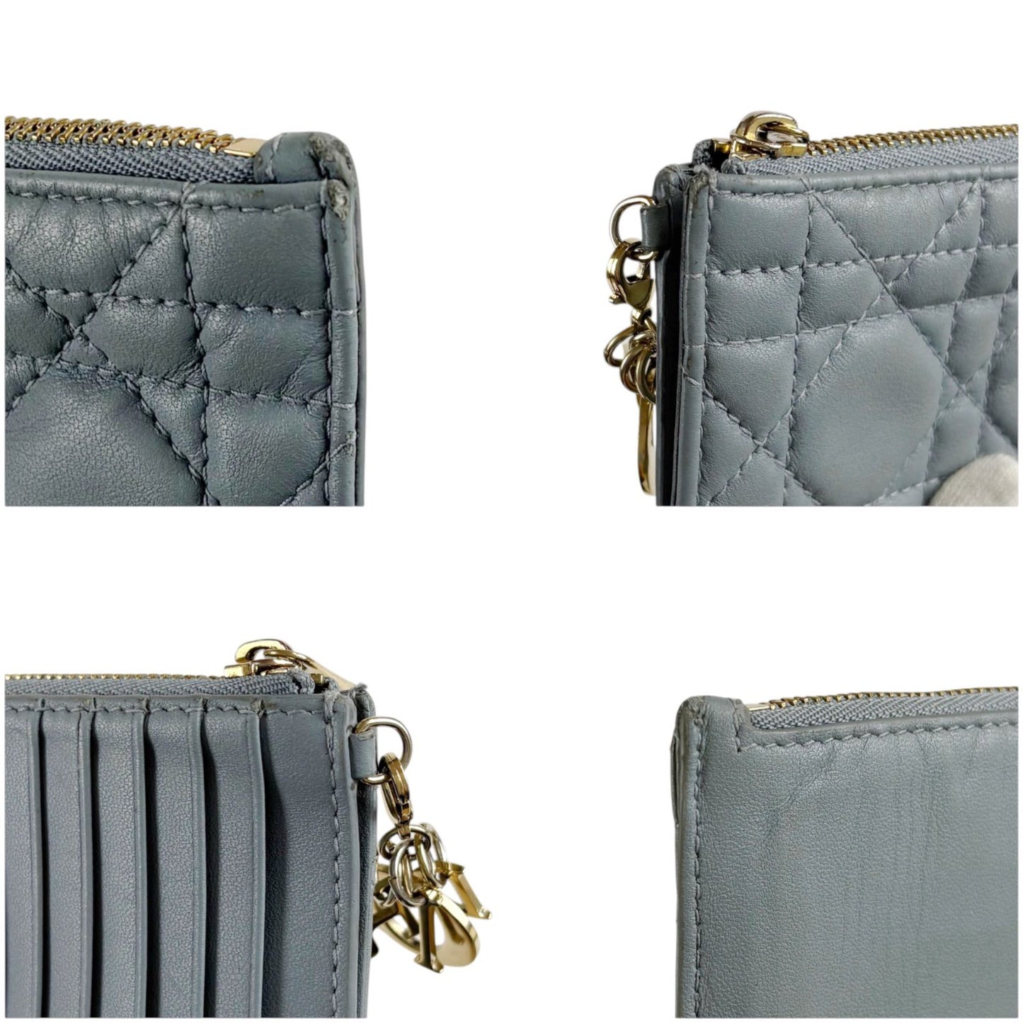 Dior Lady Cannage Logo Charm Fragment Case Coin Card Holder Light Blue Gray — view 5