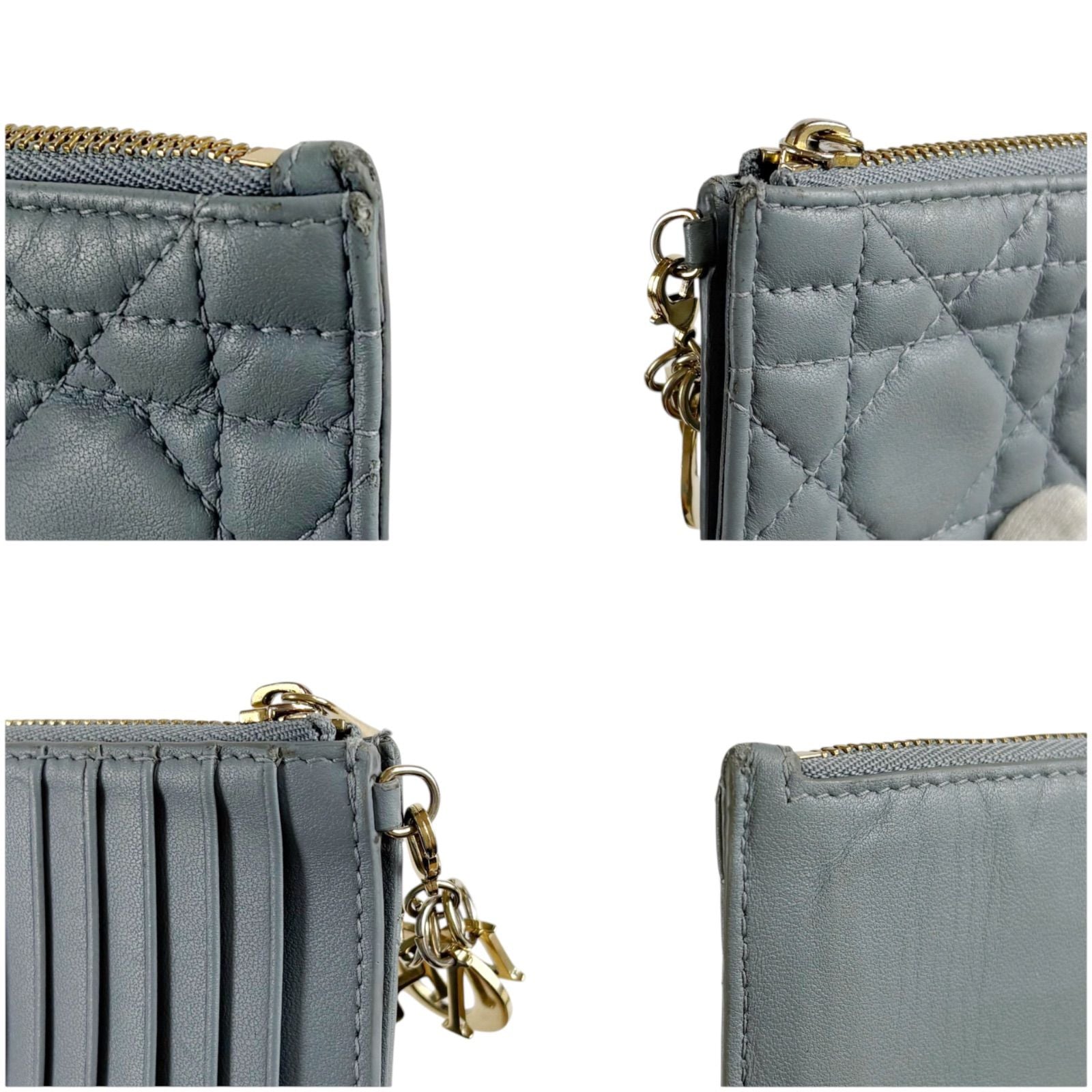 Dior Lady Cannage Logo Charm Fragment Case Coin Card Holder Light Blue Gray — view 5