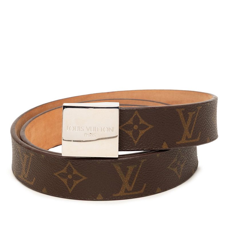 Louis Vuitton Monogram Ceinture Carre Buckle Belt Brown Silver Leather