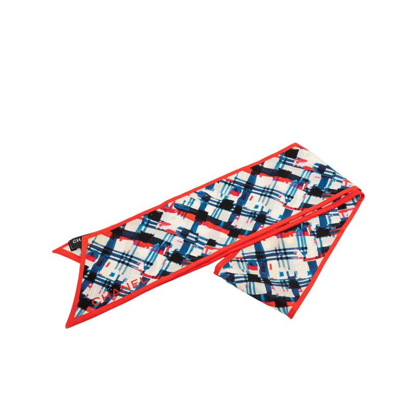 Chanel Paint Touch Check Scarf Red Multicolor Silk