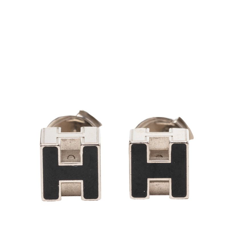 Hermes Cage Cube Stud Earrings Black Silver Metal