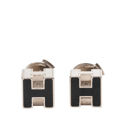 Hermes Cage Cube Stud Earrings Black Silver Metal