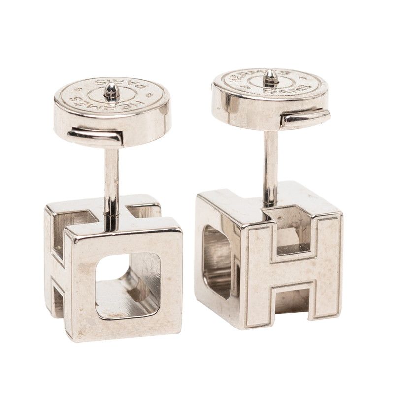 Hermes Cage Cube Stud Earrings Black Silver Metal — view 3