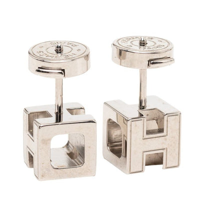 Hermes Cage Cube Stud Earrings Black Silver Metal — view 3