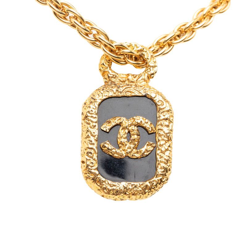 Chanel CC Logo Plate Chain Pendant Gold Black Plated
