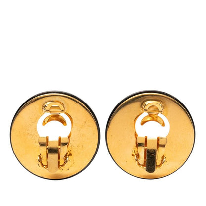 Chanel Clover Motif Vintage Round Earrings 93 Black Gold Plated Plastic — view 2