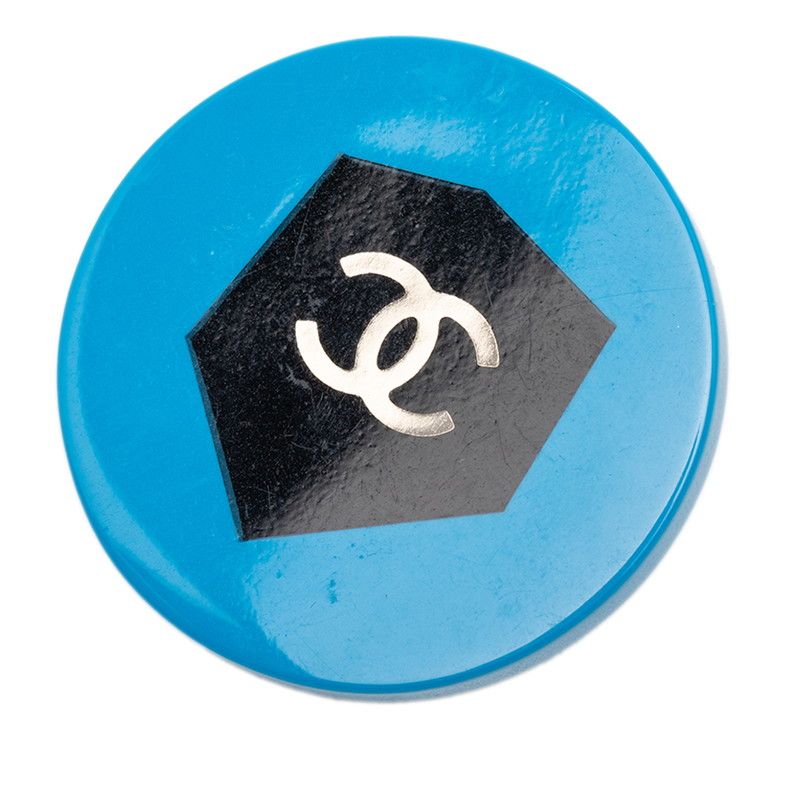 Chanel CC Logo Round Pin Brooch 07 Black Blue Plastic Metal