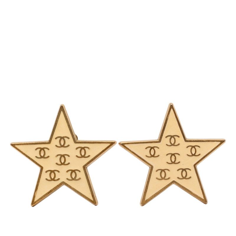 Chanel CC Logo Star Motif Earrings 01 Gold White Plated