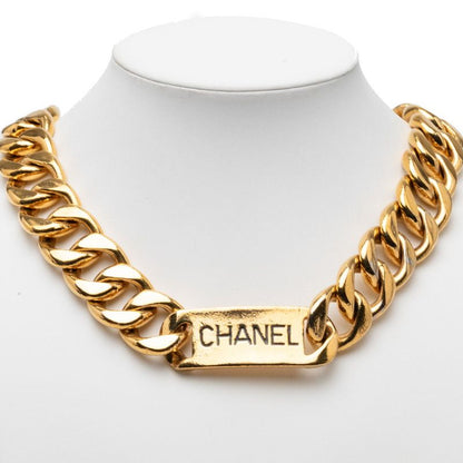 Chanel Logo Plate Chain Necklace Gold Plated