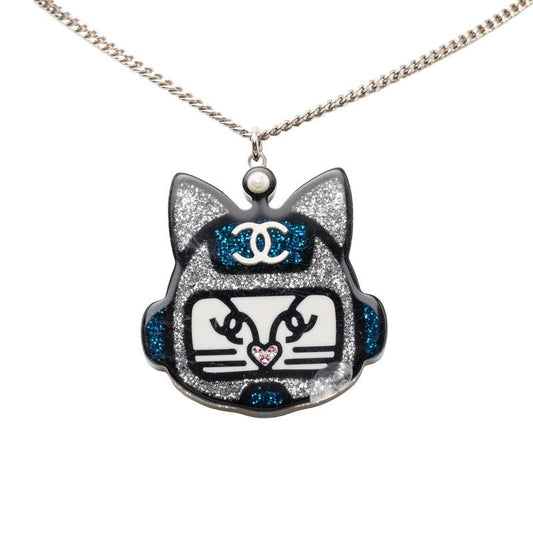 Chanel CC Logo Cat Robot Choupette Chain Pendant 17 Silver Blue