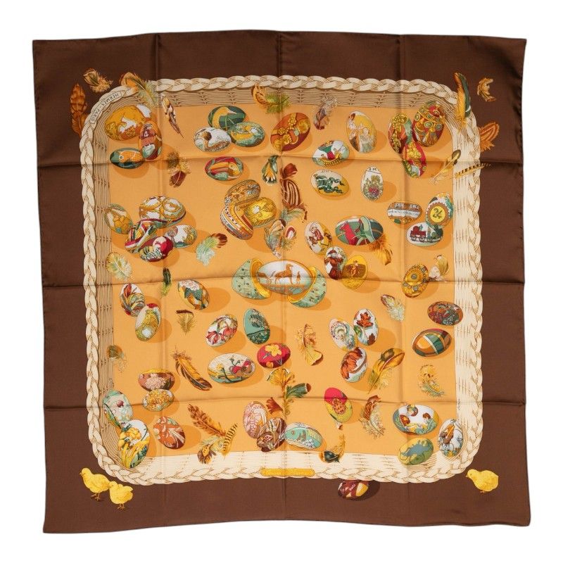 Hermes Carre 90 Couvee D'hermes Egg Scarf Large Brown Beige Silk