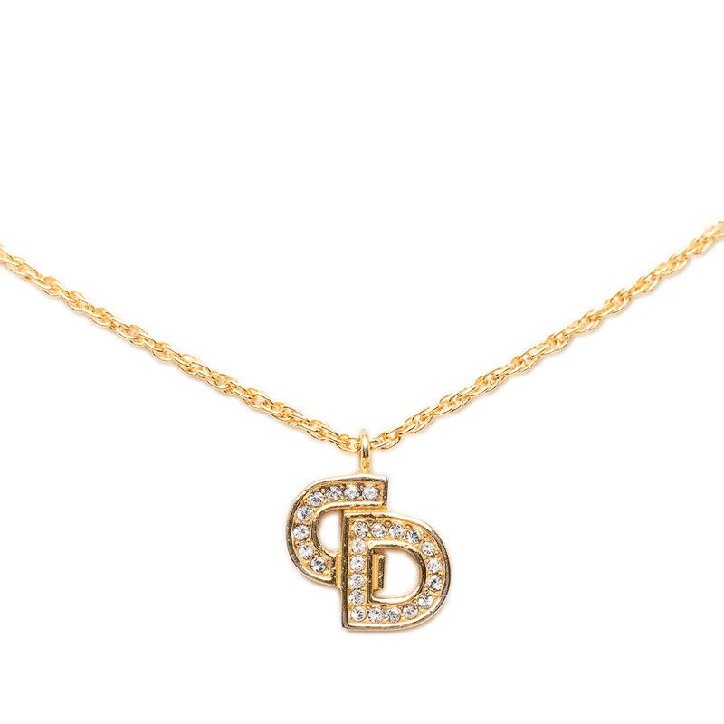 Dior CD Logo Chain Pendant Gold Plated Rhinestone