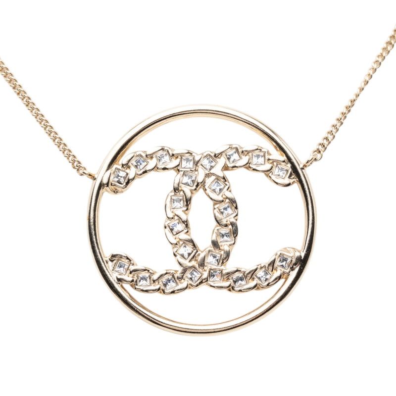 Chanel CC Logo Round Necklace Gold Plated Rhinestone