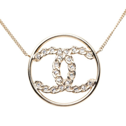 Chanel CC Logo Round Necklace Gold Plated Rhinestone