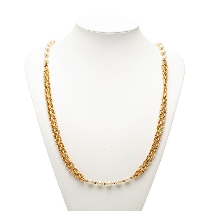 Chanel Chain Long Necklace Double Strand Gold Plated Faux Pearl