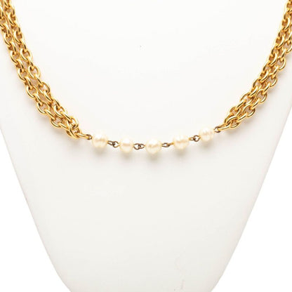 Chanel Chain Long Necklace Double Strand Gold Plated Faux Pearl — view 2