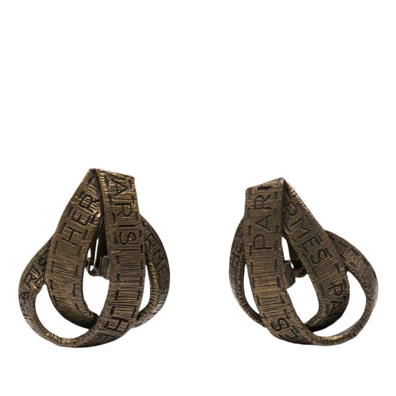 Hermes Logo Ribbon Motif Earrings Gold Plated