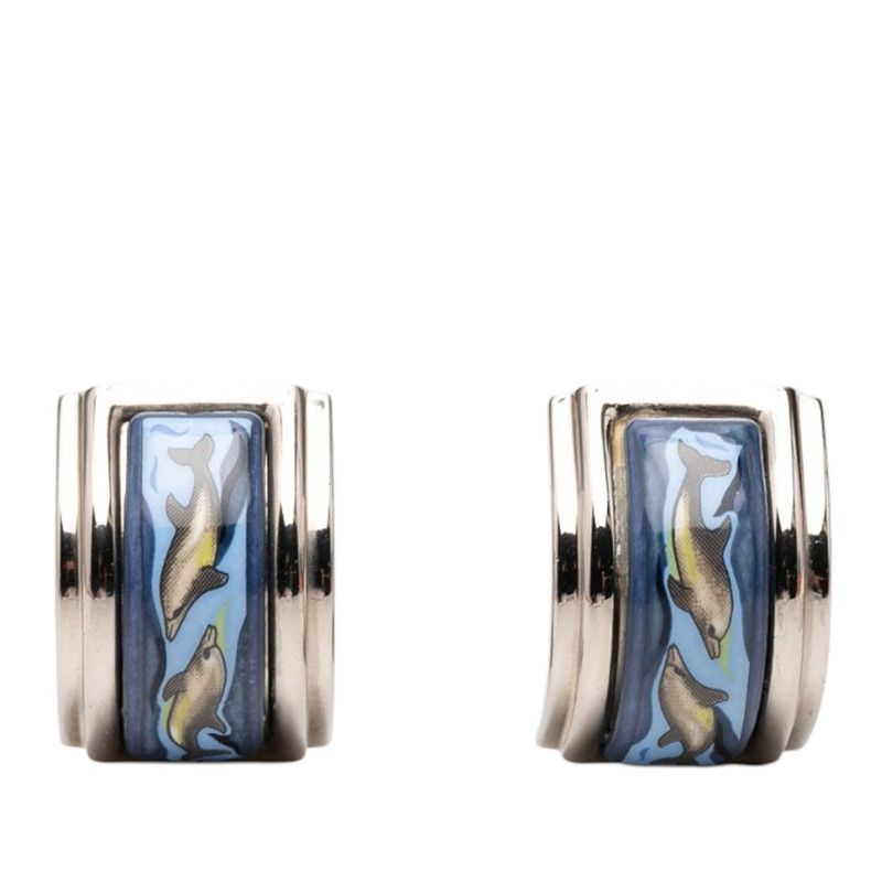 Hermes Enamel Cloisonne Dolphin Pattern Earrings Gold Multicolor Plated