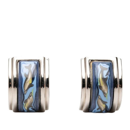 Hermes Enamel Cloisonne Dolphin Pattern Earrings Gold Multicolor Plated