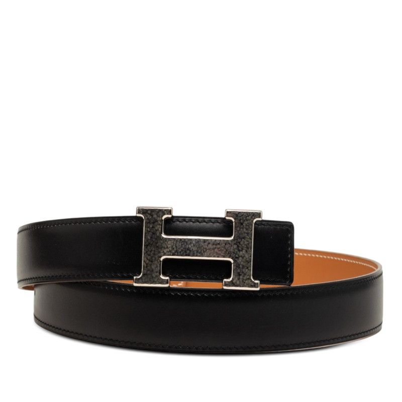 Hermes Constance Logo Buckle Belt Black Brown Leather