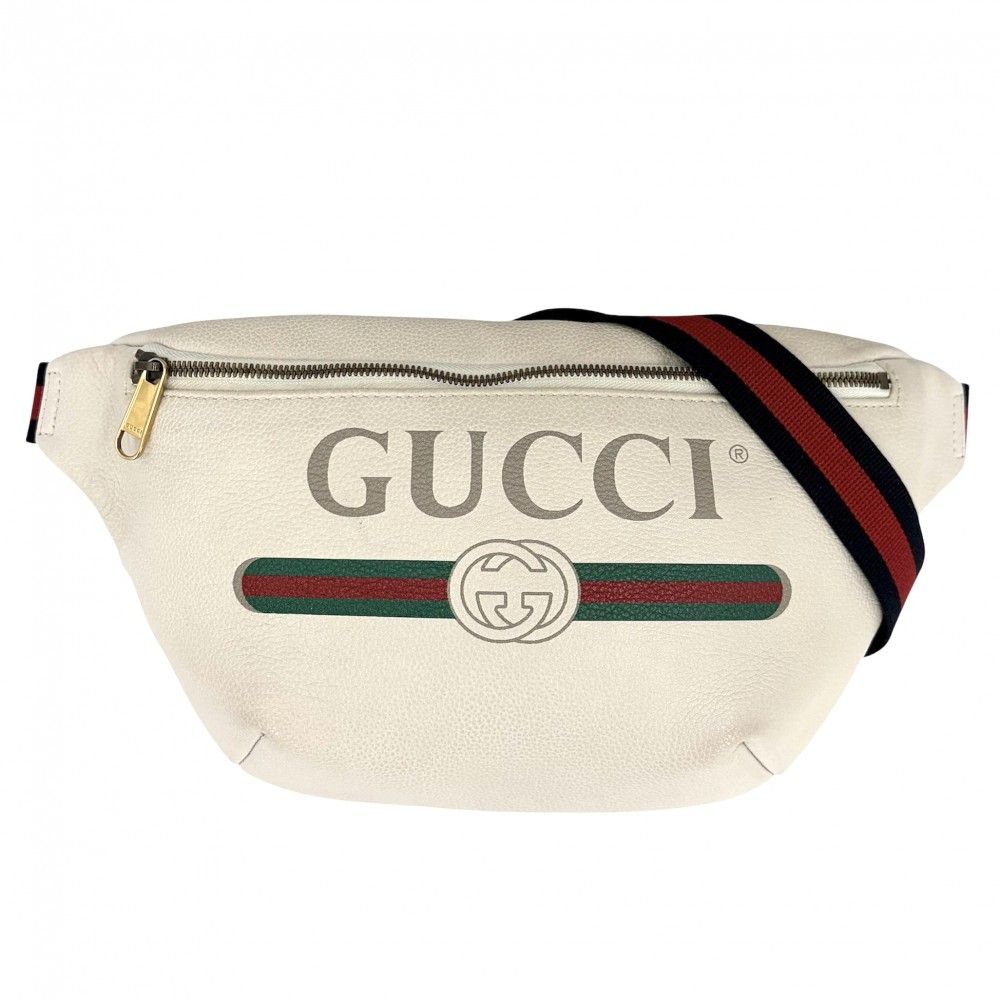 Gucci Waist Bag Logo Print Sherry Line Crossbody Leather White Gold