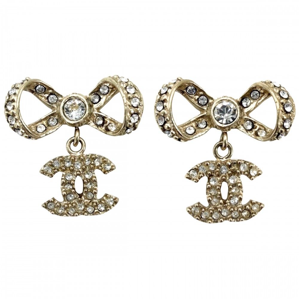 Chanel Earrings Ribbon CC Logo Swing Rhinestone Gold