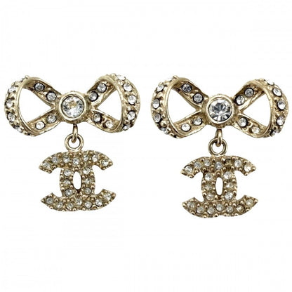 Chanel Earrings Ribbon CC Logo Swing Rhinestone Gold