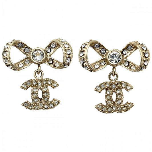 Chanel Earrings Ribbon CC Logo Swing Rhinestone Gold