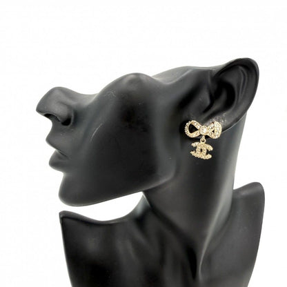 Chanel Earrings Ribbon CC Logo Swing Rhinestone Gold — view 2